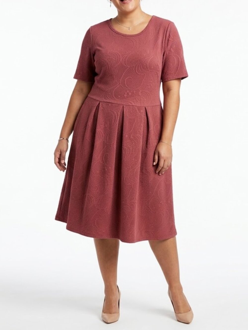 LuLaRoe Amelia Dress 3XL Dusty Rose Paisley Textured Jacquard Pleated Back Zip